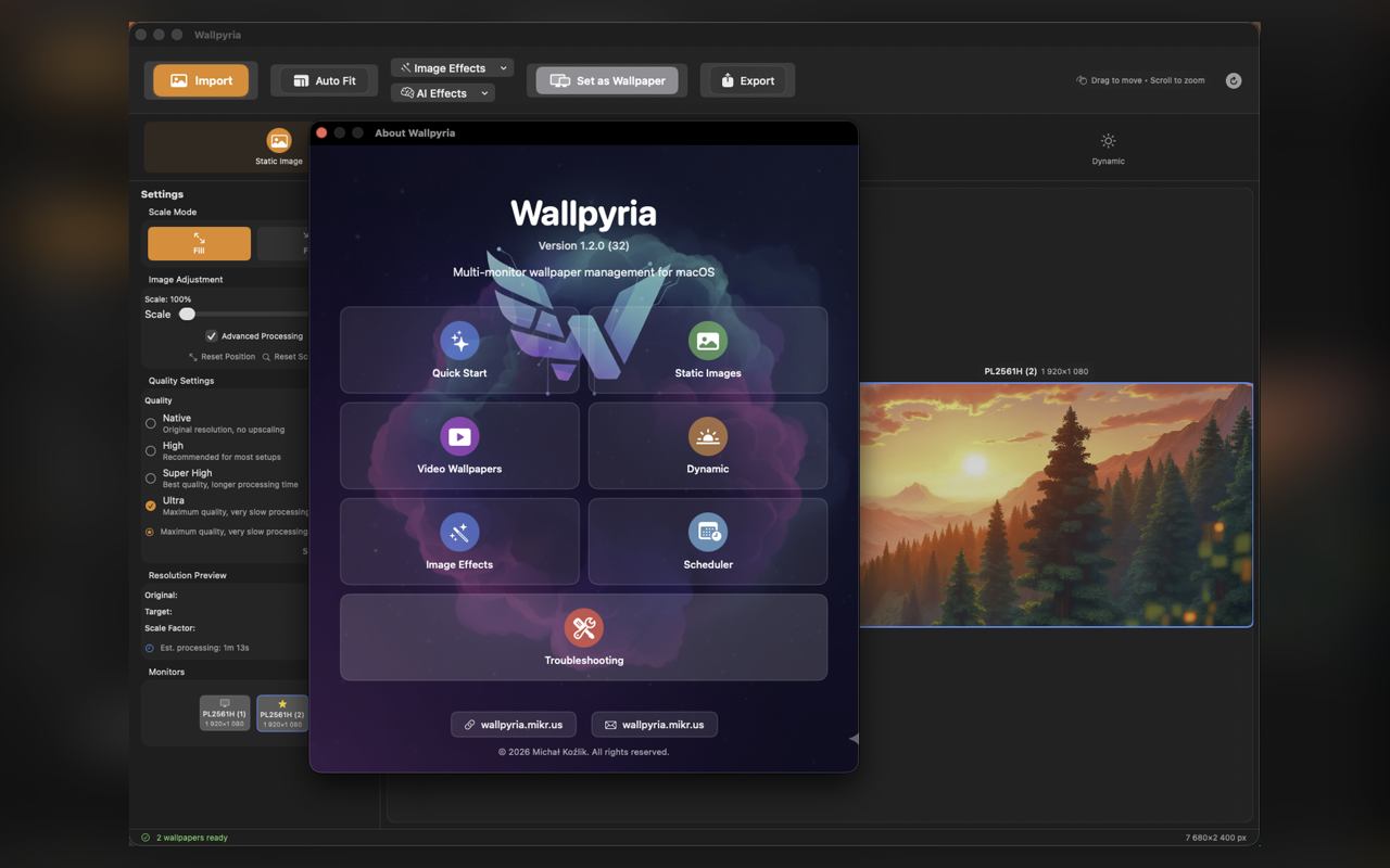 Wallpyria 1.2.0: Configuración de dos monitores con fondos diferentes por pantalla