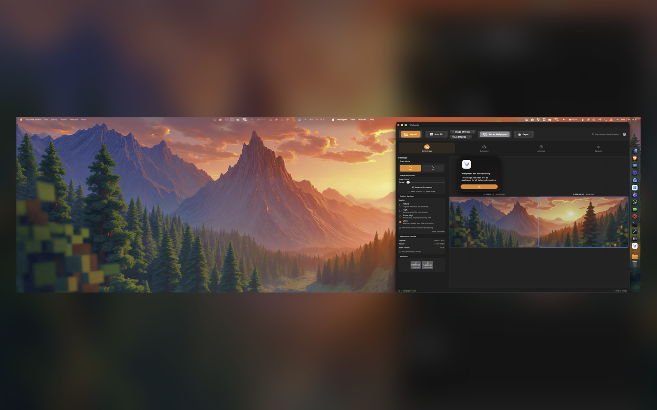 Wallpyria 1.2.0: Ventana principal con vista previa de doble monitor y ajustes de imagen